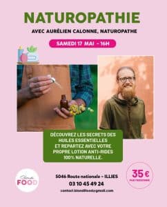Affiche de l'atelier huiles essentielles à Illies chez BlondiFood animé par Aurélien Calonne, Naturopathe